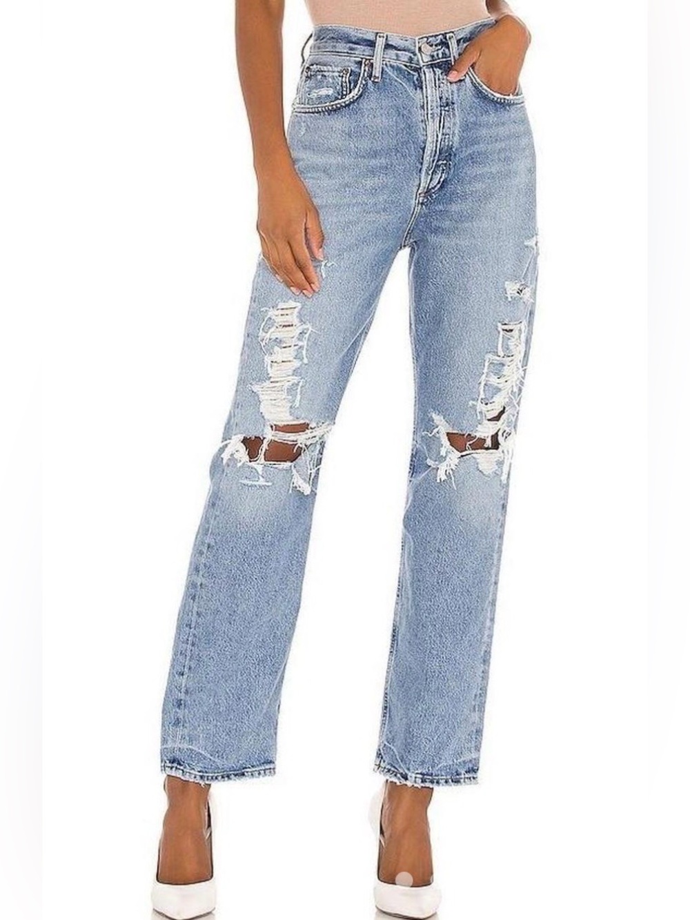 AGOLDE 90s Mid-Rise Loose Fit Jeans Women's 28 Distressed Button Fly Light Wash